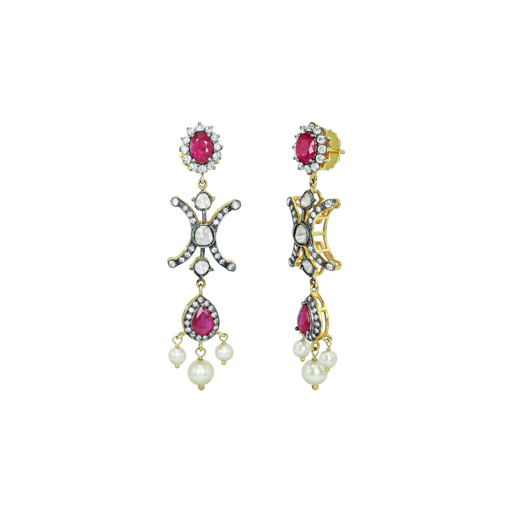 Antique-Finish Earrings with Ruby, Diamonds Polki, and Pearls